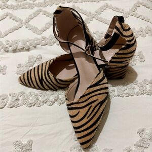 Pointed Toe Ankle-Strap Heels in Black & Tan Zebra